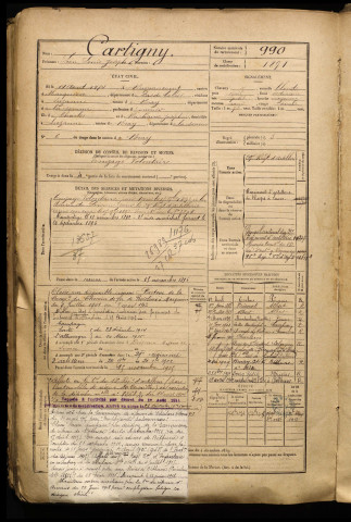 Cartigny, Léon Louis Joseph, né le 14 août 1874 à Rumaucourt (Pas-de-Calais), classe 1894, matricule n° 990, Bureau de recrutement de Péronne