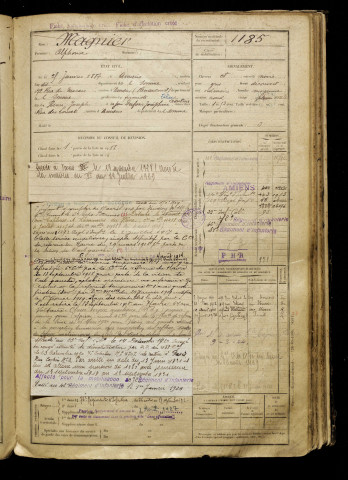 Magnier, Alphonse, né le 25 janvier 1887 à Amiens (Somme), classe 1907, matricule n° 1185, Bureau de recrutement d'Amiens