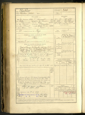 Barbier, Sébastien Julien, né le 20 janvier 1862 à Laucourt (Somme, France), classe 1882, matricule n° 366, Bureau de recrutement de Péronne