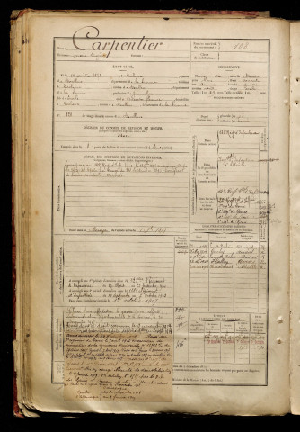 Carpentier, Arsène Eugène, né le 14 août 1873 à Lucheux (Somme), classe 1893, matricule n° 108, Bureau de recrutement d'Abbeville