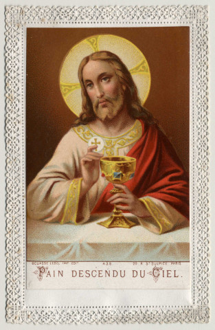 Image pieuse dentelle. Pain descendu du Ciel. Le Christ instituant l'eucharistie
