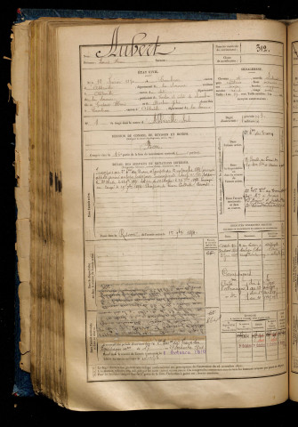 Aubert, Louis Henri, né le 12 février 1870 à Cambron (Somme), classe 1890, matricule n° 312, Bureau de recrutement d'Abbeville