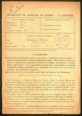 Albert. Demande d'indemnisation des dommages de guerre : dossier Gérony-Leturcq