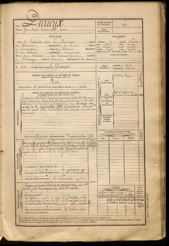 Durieux, Jean Baptiste Ferdinand, né le 05 septembre 1868 à Vicogne (La) (Somme), classe 1888, matricule n° 199, Bureau de recrutement d'Abbeville