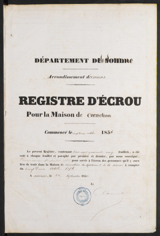 Maison de correction dite Bicêtre à Amiens. Registre d'écrou : numéros 3377 à 4111. 22 octobre 1856 - 29 juillet 1857