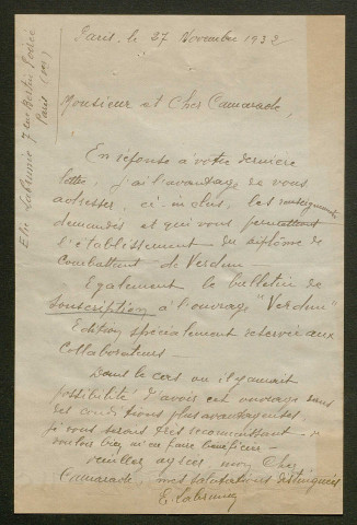Témoignage de Labrunie, Elie (Caporal fourrier, agent de liaison) et correspondance avec Jacques Péricard