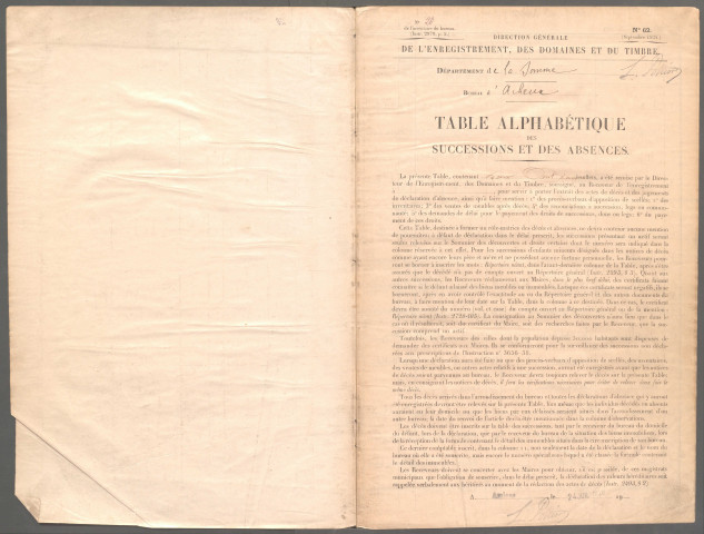 Table des successions et absences du bureau d'Acheux-en-Amiénois