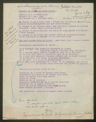 Témoignage de Billiet, Maurice (Sergent) et correspondance avec Jacques Péricard