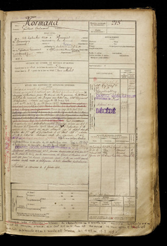 Normand, Gustave Edmond, né le 25 septembre 1894 à Flixecourt (Somme), classe 1914, matricule n° 215, Bureau de recrutement d'Amiens
