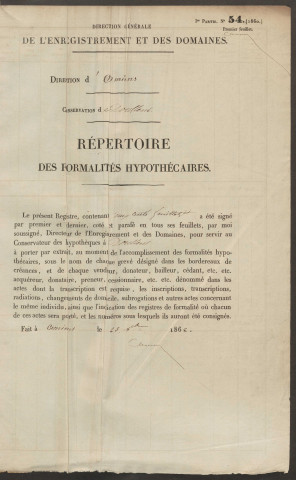 Répertoire des formalités hypothécaires, du 23/04/1863 au 24/09/1863, volume n° 104 (Conservation des hypothèques de Doullens)