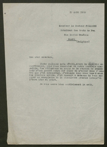 Témoignage de Falmagne (Médecin - Président des Croix de Feu) et correspondance avec Jacques Péricard