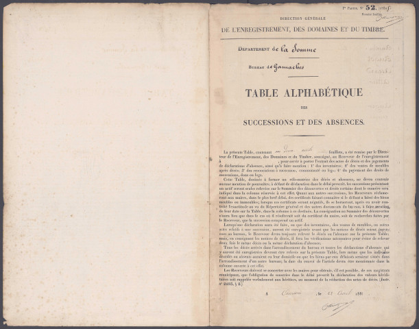 Table des successions et absences du bureau de Gamaches