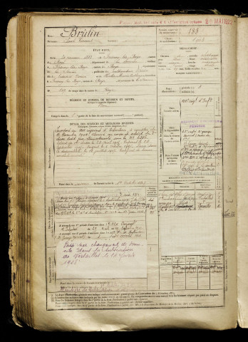 Brûlin, Paul Vincent, né le 30 janvier 1883 à Fresnoy-lès-Roye (Somme), classe 1903, matricule n° 188, Bureau de recrutement de Péronne