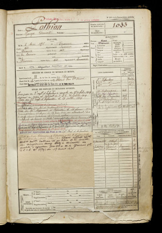 Pothion, Georges Edouard, né le 06 mai 1898 à Péronne (Somme), classe 1918, matricule n° 1033, Bureau de recrutement de Péronne