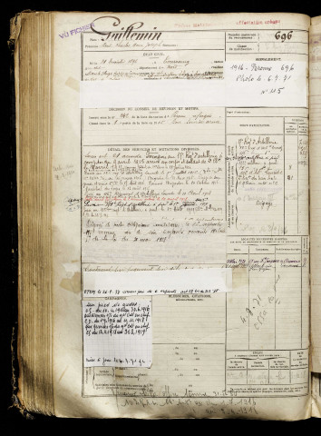 Guillemin, Paul Charles Henri Joseph, né le 21 décembre 1896 à Tourcoing (Nord), classe 1916, matricule n° 696, Bureau de recrutement de Péronne