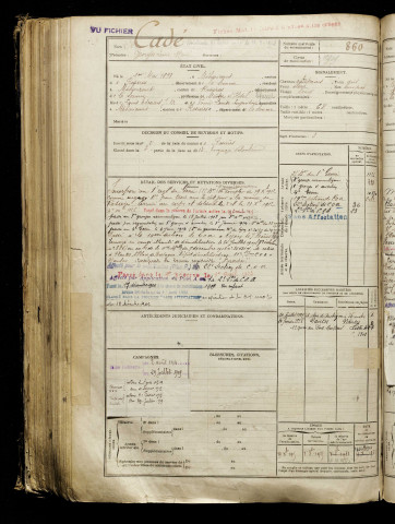 Cadé, Georges Louis René, né le 01 mai 1893 à Méharicourt (Somme), classe 1913, matricule n° 860, Bureau de recrutement de Péronne