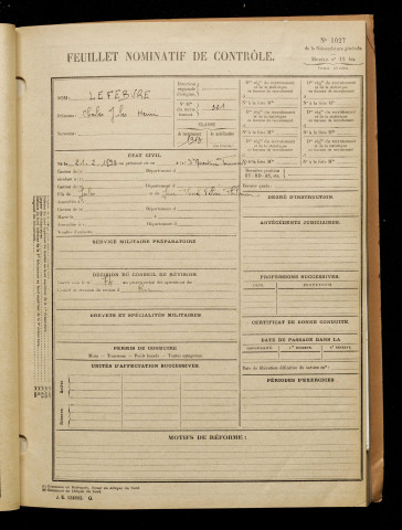 Lefebvre, Charles Jules Henri, né le 21 février 1893 à Saint-Quentin-en-Tourmont (Somme), classe 1913, matricule n° 321, Bureau de recrutement d'Abbeville