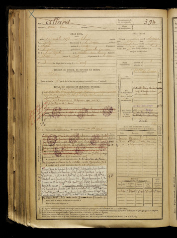 Allard, Omer Henri, né le 15 octobre 1878 à Thoix (Somme), classe 1898, matricule n° 394, Bureau de recrutement d'Amiens