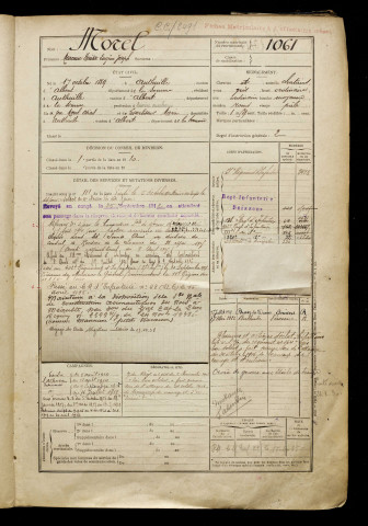 Morel, Marceau Horisse Eugène Joseph, né le 17 octobre 1889 à Authuille (Somme), classe 1909, matricule n° 1061, Bureau de recrutement de Péronne