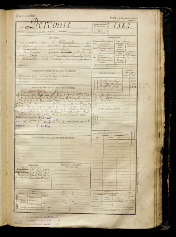 Dercourt, Camille Jules Alfred, né le 05 octobre 1901 à Hédauville (Somme), classe 1921, matricule n° 1382, Bureau de recrutement d'Abbeville