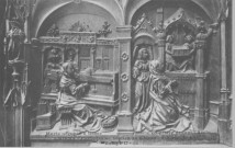 Cathédrale - Stalles du Choeur - 3è série, n° 4 Rampe C - 51. Marie occupée à tisser - Marie en prière devant l'Arche