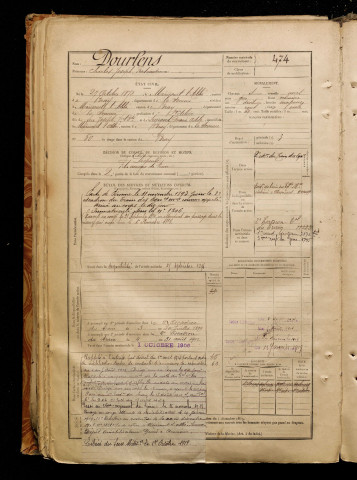 Dourlens, Charles Joseph Ferdinand, né le 27 octobre 1872 à Méricourt-l'Abbé (Somme), classe 1892, matricule n° 474, Bureau de recrutement de Péronne