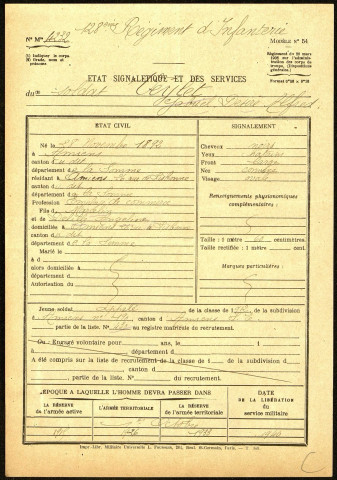 Veylet, Gabriel Désiré Alfred, né le 28 novembre 1892 à Amiens (Somme), classe 1912, matricule n° 430, Bureau de recrutement d'Amiens
