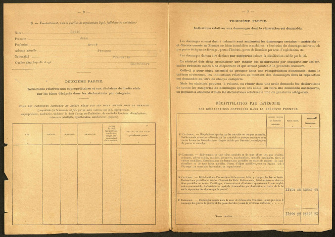 Bouchavesnes-Bergen. Demande d'indemnisation des dommages de guerre : dossier Lequeux Sidonie