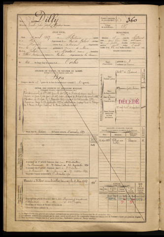 Dilly, Emile Jules Joseph Gustave, né le 14 avril 1867 à Hébuterne (Pas-de-Calais), classe 1887, matricule n° 360, Bureau de recrutement d'Amiens