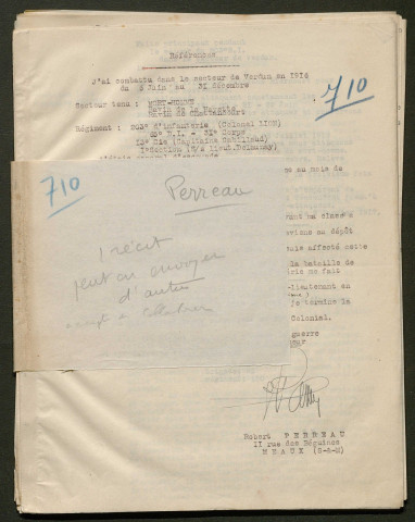 Témoignage de Perreau, Robert (Sous-lieutenant) et correspondance avec Jacques Péricard