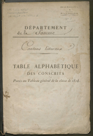 Table alphabétique - Liste des conscrits (arrondissement d'Abbeville, sauf "cantons littoraux") de l'année 1814