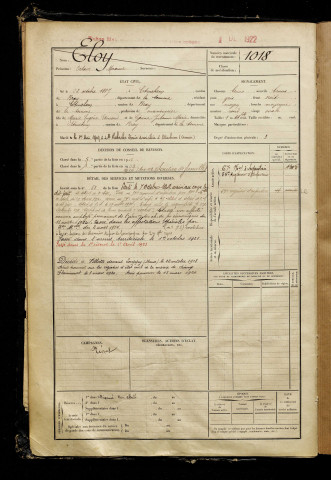 Eloy, Octave Maxime, né le 22 octobre 1887 à Étinehem (Somme), classe 1907, matricule n° 1018, Bureau de recrutement de Péronne