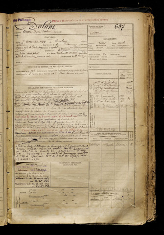 Balant, André Désiré Victor, né le 07 novembre 1899 à Aveluy (Somme), classe 1919, matricule n° 687, Bureau de recrutement de Péronne