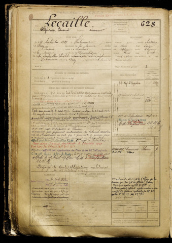 Lecaille, Alphonse Edmond, né le 09 septembre 1888 à Ablaincourt-Pressoir (Somme), classe 1908, matricule n° 628, Bureau de recrutement de Péronne