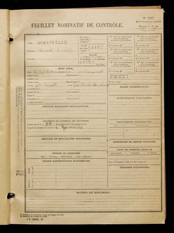 Wattebled, Marcel Daniel, né le 06 avril 1894 à Framicourt (Somme), classe 1914, matricule n° 1179, Bureau de recrutement d'Abbeville