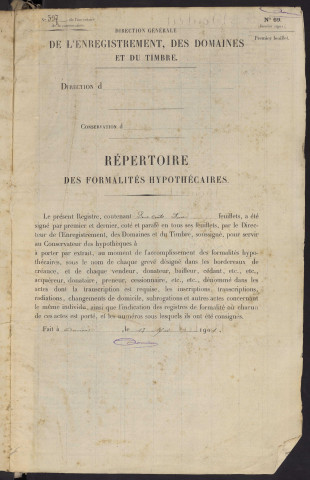 Répertoire des formalités hypothécaires, du 14/10/1903 au 30/01/1904, registre n° 397 (Abbeville)