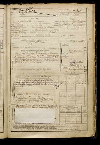 Tellier, Albert, né le 15 juillet 1880 à Amiens (Somme), classe 1900, matricule n° 435, Bureau de recrutement d'Amiens