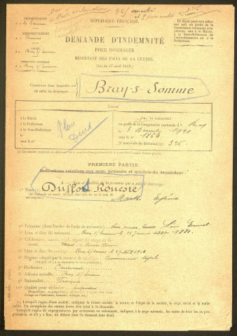 Bray-sur-Somme. Demande d'indemnisation des dommages de guerre : dossier Duflos-Roueste