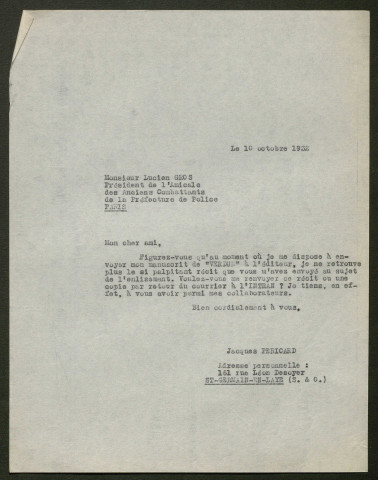 Témoignage de Gros, Lucien (Lieutenant) et correspondance avec Jacques Péricard