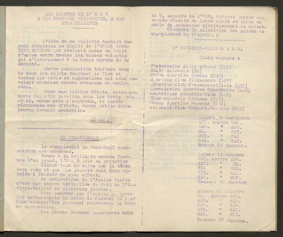 Bulletin de l'Union Sportive Royenne, numéro 1 – 1ère année, 4e trimestre 1934