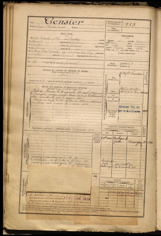 Censier, Eugène Charles Ernest, né le 24 septembre 1869 à Arvillers (Somme), classe 1889, matricule n° 113, Bureau de recrutement de Péronne