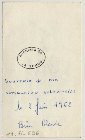 Que le corps de Jésus garde nos âmes pour la vie éternelle. Le Christ donnant la communion. Image de communion solennelle de Claude Brun, le 3 juin 1962