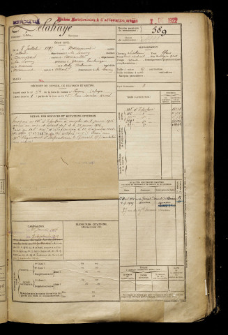 Delahaye, Léon, né le 03 juillet 1897 à Miraumont (Somme), classe 1917, matricule n° 589, Bureau de recrutement de Péronne