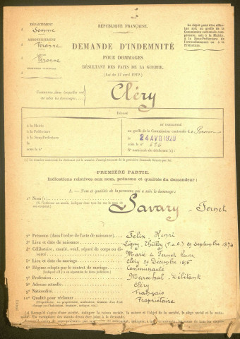 Cléry-sur-Somme. Demande d'indemnisation des dommages de guerre : dossier Savary-Fernet