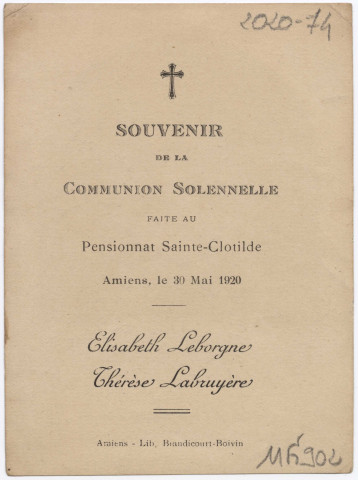 Le christ et Saint Jean. Souvenir de la communion solennelle faite au pensionnat Saint-Clotilde à Amiens le 30 mai 1920. Elisabeth Leborgne et Thérèse Labruyère