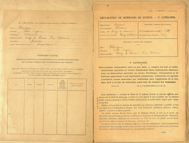 Bray-sur-Somme. Demande d'indemnisation des dommages de guerre : dossier Wanègue-Gaudefroy