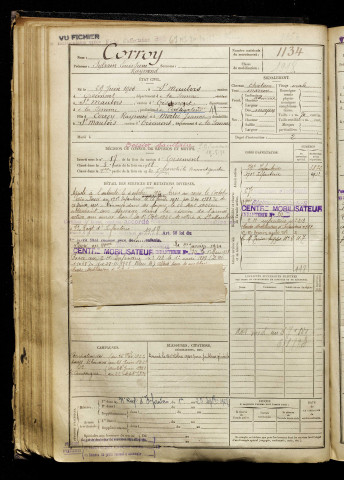 Corroy, Sylvain Louis Pierre Raymond, né le 29 juin 1900 à Saint-Maulvis (Somme), classe 1920, matricule n° 1134, Bureau de recrutement d'Amiens