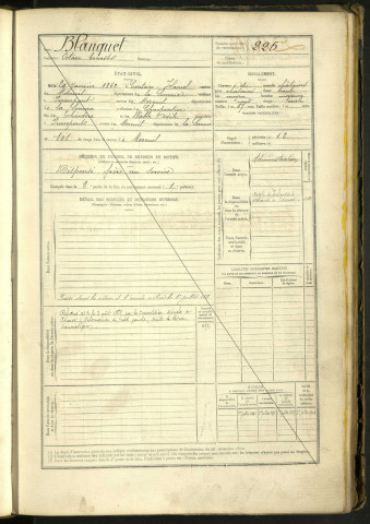 Blanquet, Octave Erneste, né le 20 janvier 1862 à Contoire-Hamel (Somme, France), classe 1882, matricule n° 226, Bureau de recrutement de Péronne