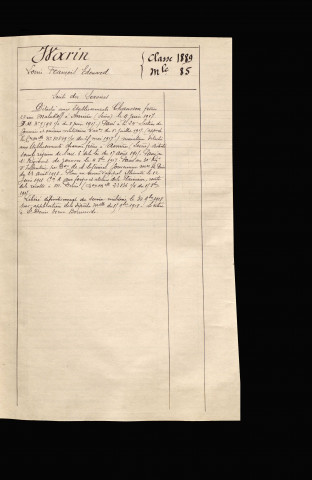 Warin, Louis François Edouard, né le 09 mai 1869 à Moreuil (Somme), classe 1889, matricule n° 85, Bureau de recrutement de Péronne