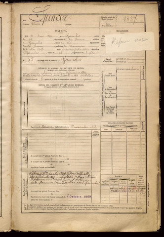 Spincer, Charles, né le 21 mars 1869 à Gamaches (Somme), classe 1889, matricule n° 1327, Bureau de recrutement d'Abbeville